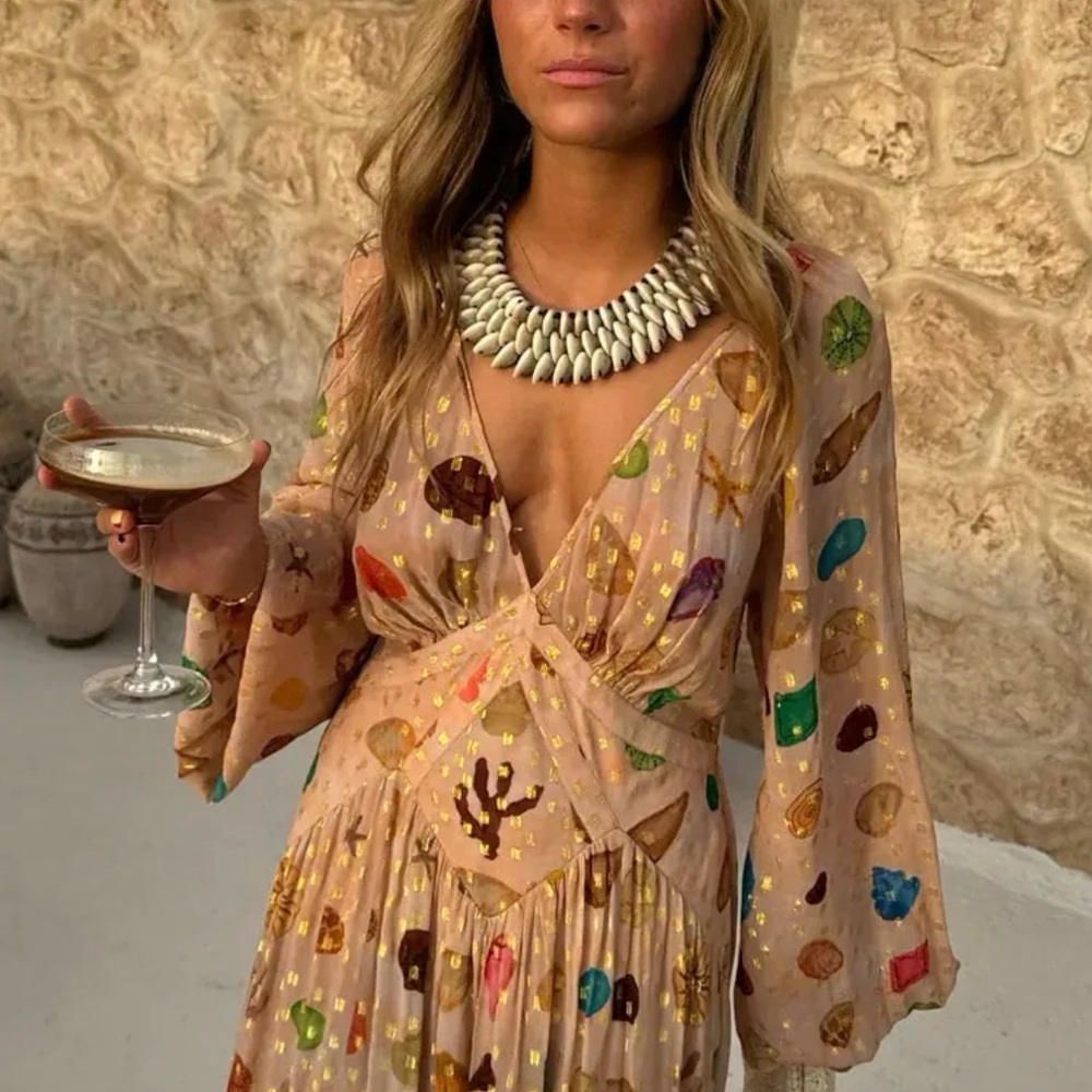 Never Fully Dressed Beige Multicolor Long Sleeve Dress